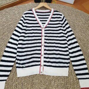 Black White Stripe Knit Cardigan Red Trim V-Neck Nautical Button Up Sweater